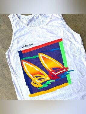 Vintage tank top 90s Aruba abstract wind surfing graphic tank top.